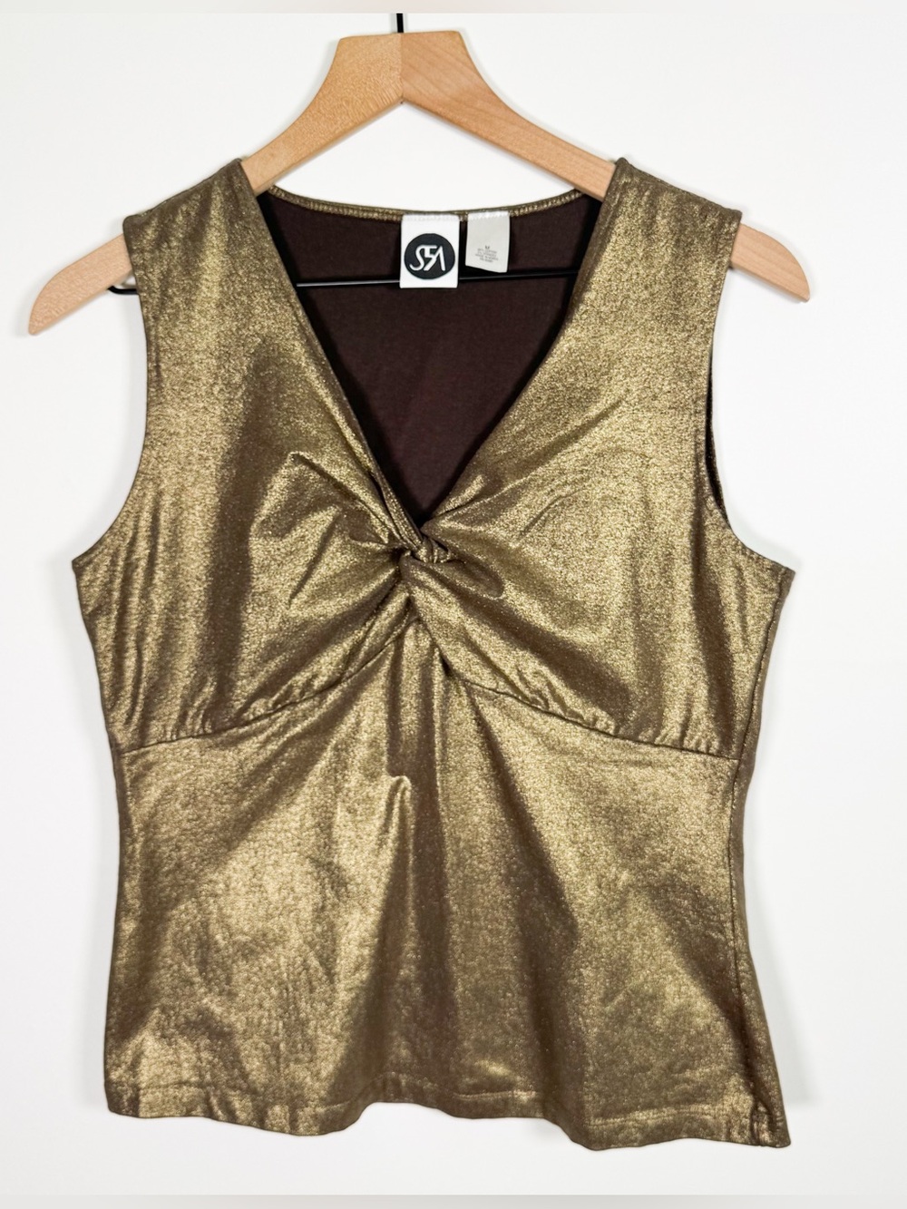 SAKS FIFTH AVENUE Gold Metallic Stretch Cotton Twist Front Tank Top Sz M